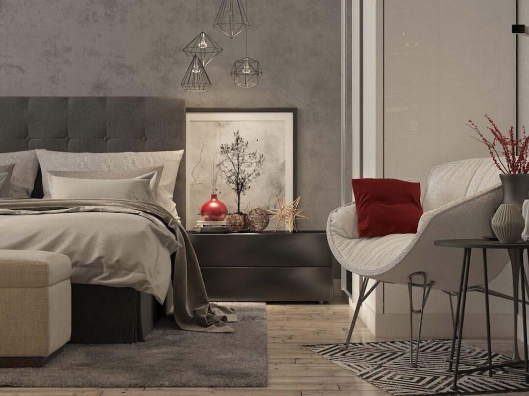 luxury bedroom with velvet bed